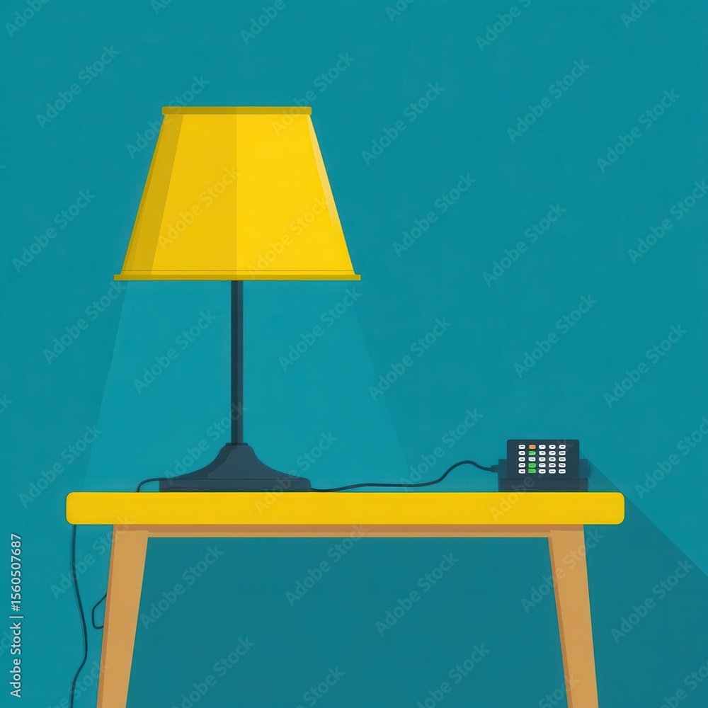 Poster yellow lamp on a yellow table with a device.
