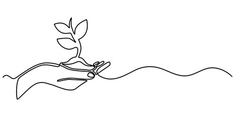 Continuous one line drawing of Hands holding growing seedlings. Single line drawing illustration of Hands holding leaf. Go green energy concept vector art. Doodle line illustration. 