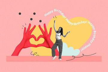 Creative design composite artwork collage of hand gesture finger heart sign gesture body language...
