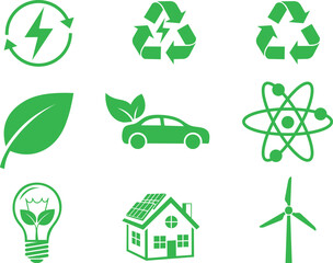 A collection of eco icons, featuring symbols of green energy set against a transparent background. This is a vector illustration.

