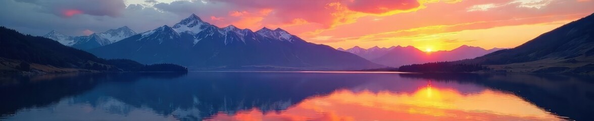 Fototapeta premium Majestic Mountain Sunset Panorama Tranquil Lake Reflecting Vibrant Colors