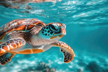 Obraz premium Sea turtle swimming in crystal clear waters, clean photography, high detailed