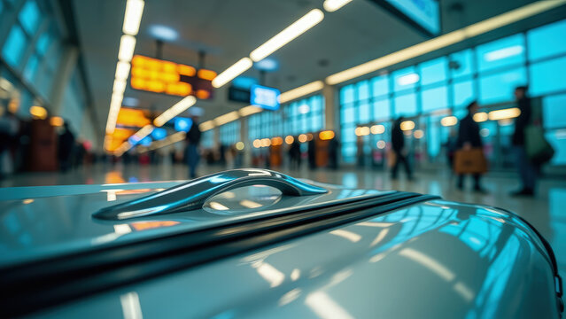 Silver suitcase handle close up with blurred airport terminal background people walking travel concept