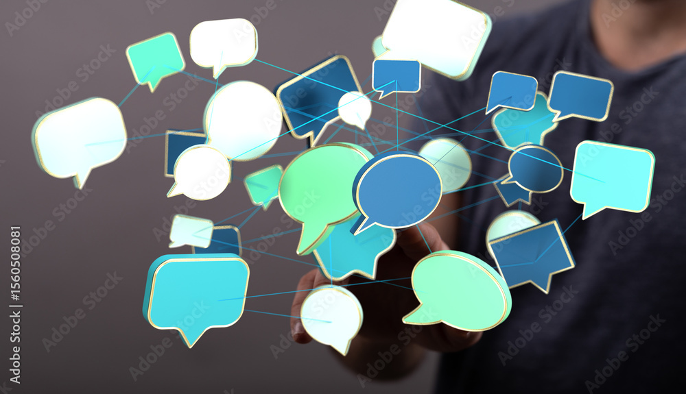 Poster abstract image of interconnected speech bubbles, symbolizing global communication and networking.