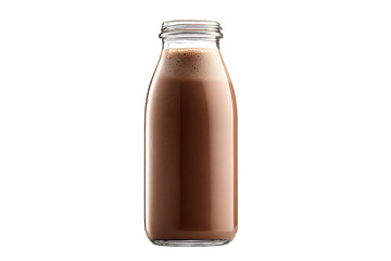 Glass bottle of delicious chocolate milk. Refreshing drink.