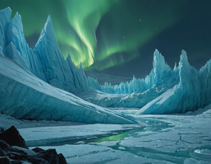 Generative AI Arctic Ice Landscape with Aurora Borealis Glacier Aurora borealis Northern lights Winter Cold Iceberg Frozen Sky Night Water Nature Outdoors Scenic Adventure - Modern Look