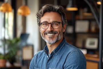 Obraz premium Smiling 45-year-old entrepreneur conveying a sense of authority and warmth