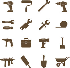 Construction & DIY Tool Icon Grid Featuring Sixteen Silhouetted Items in a Minimalist Black-and-White Layout