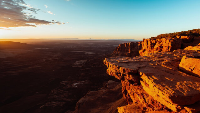 Sunrise over canyon landscape with rocky cliff edge and distant mountains under a blue and orange sky scenic view