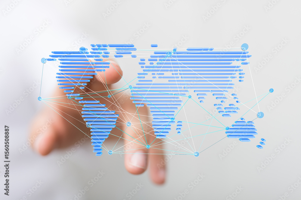 Aufkleber High-quality image of a hand interacting with a digital world map, illustrating global connectivity and networking.