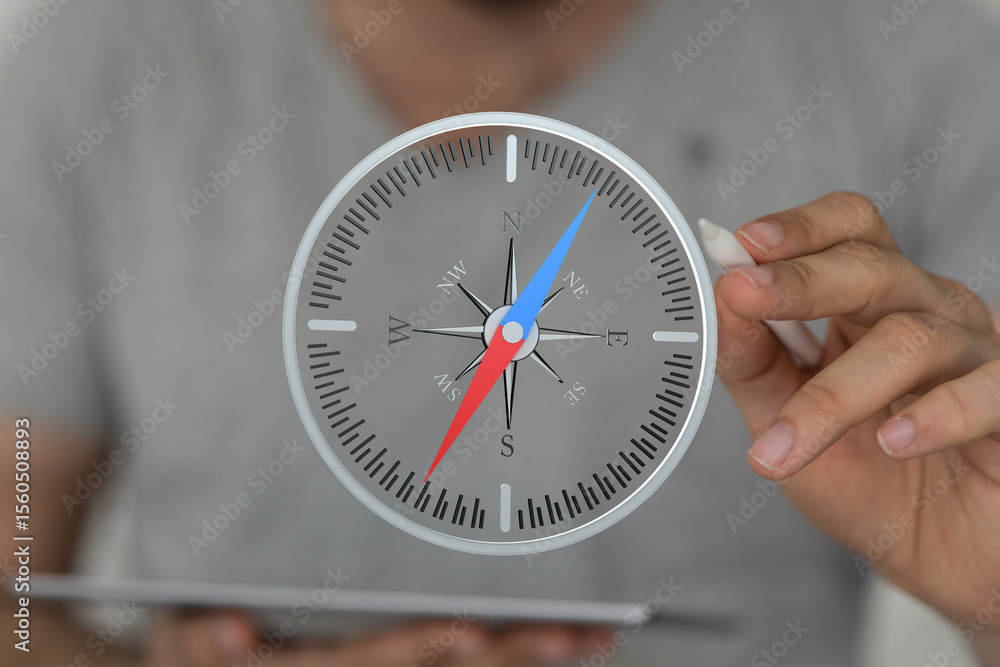 Aufkleber person using digital compass app on tablet. find your way with this helpful tool.
