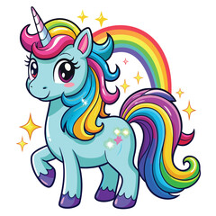 Playful Cartoon Unicorn with Clouds and Rainbow