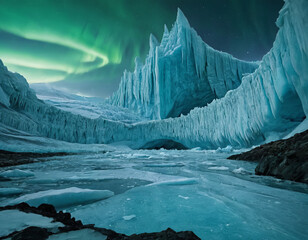 Generative AI Arctic Landscape with Aurora Borealis Ice Glacier Aurora borealis Northern lights Frozen Winter Iceberg Nature Scenery Cold Sky Stars Night Mountains - Modern Look