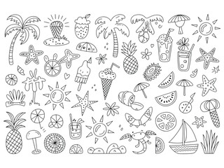 "Hand-Drawn Summer Doodle Icons ,Tropical Beach Elements Coloring Page"