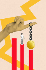 Template sketch image composite collage of huge hand finger hold coin hand young man stand block...