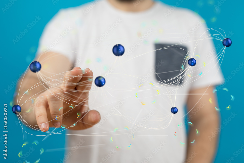 Poster A person interacts with a digital network visualization, showcasing connections and data flow.