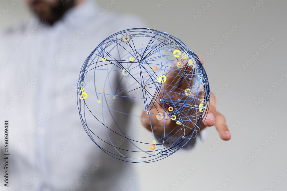 Leinwandbilder Abstract image of a person interacting with a digital globe, representing global connections and networking.