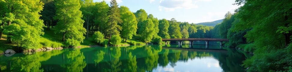 Serene Canadian Park Tranquil Lake, Lush Greenery, and Picturesque Wooden Bridge