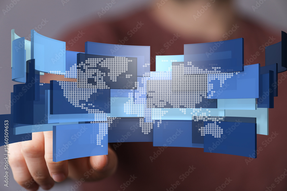 Poster Abstract digital world map concept.  Global network, data, technology.