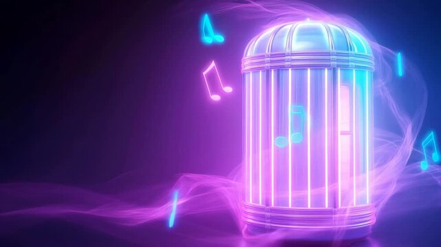 Purple smoke surrounds glowing neon jukebox with floating music notes isolated on a dark background