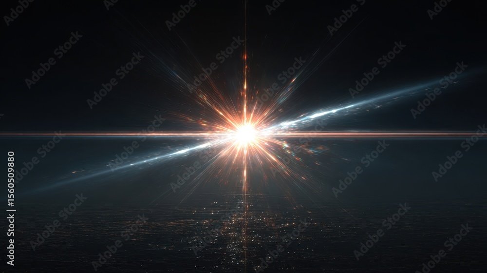 Poster bright lens flare shining horizontally with light rays and bokeh elements illuminating a black, dark