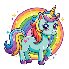 Playful Cartoon Unicorn with Clouds and Rainbow