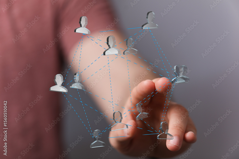 Poster Abstract image of a hand interacting with a digital network, symbolizing global connections and communication.