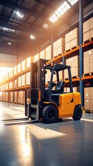 Sunlit Warehouse Interior with Forklift in Loading Bay Area