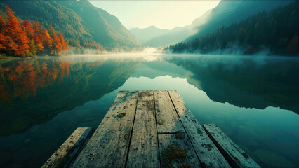 Wooden dock overlooking tranquil lake with mountain reflections autumn trees and morning mist in a serene landscape