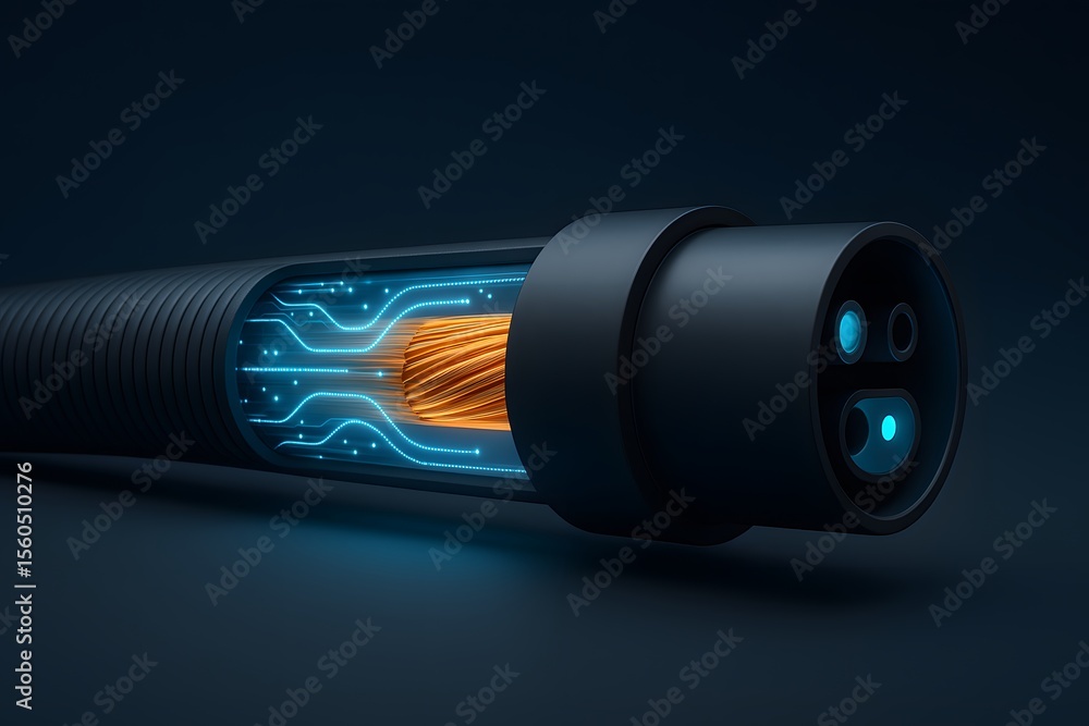 Poster futuristic cable with glowing core and circuit board design