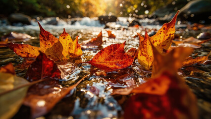 Autumn leaves floating in a shallow stream with flowing water and sunlight creating a warm, natural scene with vibrant colors
