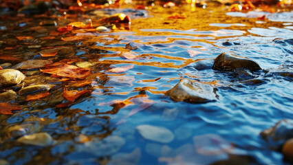 Autumnal stream with flowing water and scattered orange and brown fallen leaves over smooth stones and reflective surface
