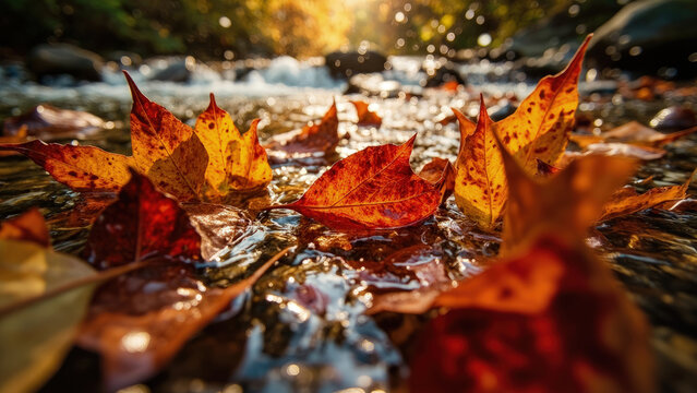 Autumn leaves floating in a shallow stream with flowing water and sunlight creating a warm, natural scene with vibrant colors - Powered by Adobe