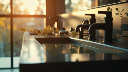 Black bathroom faucets with water in a dark sink with a window in the background and sunlight illuminating the scene