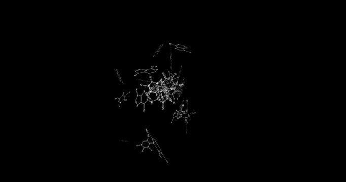 Flying structural formulas of nitrogenous bases, components of DNA. Chemical fantasies. Abstract animation.