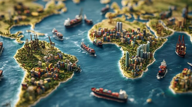 Miniature world map showcasing global trade and shipping routes, with container ships and coastal cities.