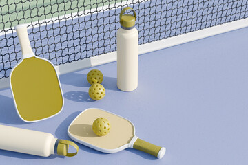 Pickleball rackets and balls with water bottles on a court, ready for play. 3d rendering