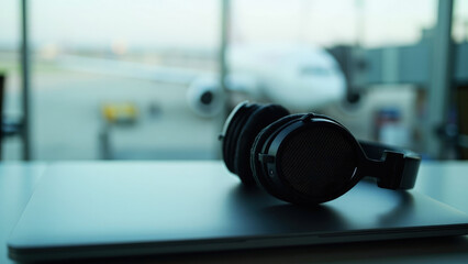 Black headphones resting on a closed laptop at an airport terminal with a blurred airplane in the background near a window