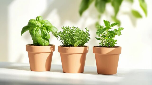 Fresh basil, thyme and mint growing in terracotta pots on a white background, illuminated by natural light