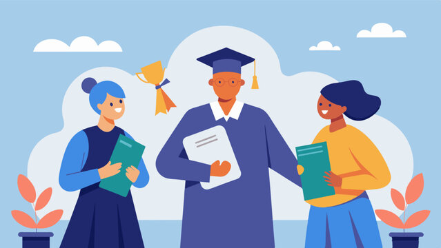 A graduation ceremony for caregivers who have completed their training with a guest speaker sharing inspirational words and the caregivers receiving certificates or pins to. Vector illustration