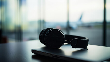 Black headphones resting on a closed laptop with a blurred airport scene visible through the window in the background