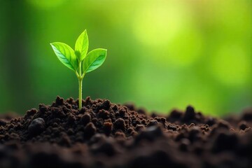 Fototapeta premium Tiny Green Sprout Emerging from Soil New Growth and Hope for a Thriving Planet