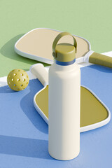 Water bottle and pickleball paddles with ball on court for outdoor pickleball game. 3d rendering