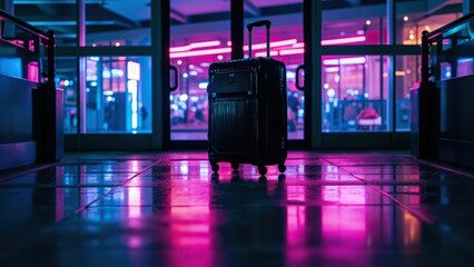 Black rolling suitcase in a neon-lit airport terminal with pink and blue reflections on the wet floor and glass doors