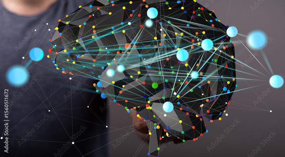 Aufkleber abstract image of a human brain connected by a neural network. ai, technology, data science concept.