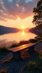Serene Sunset Long Shadow Bench Overlooking Tranquil Lake, Peaceful Relaxation Scene, Idyllic Lakeside View, Perfect for Contemplation and Rest