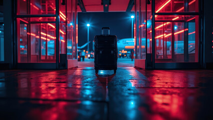 Black rolling suitcase stands in front of an airport terminal entrance with red and blue neon lights and a plane in the background