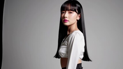 Stylish Asian woman in a white cropped top with long sleeves, standing against a plain light background, looking confidently at the camera. Perfect for beauty, fashion editorials, and cosmetic brandin