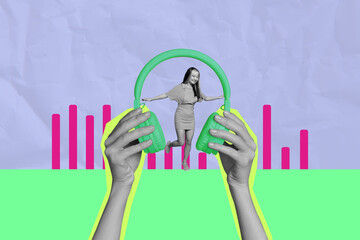 Full 3d art banner photo collage of happy girl guy dance hands hold headphones music chart disco...