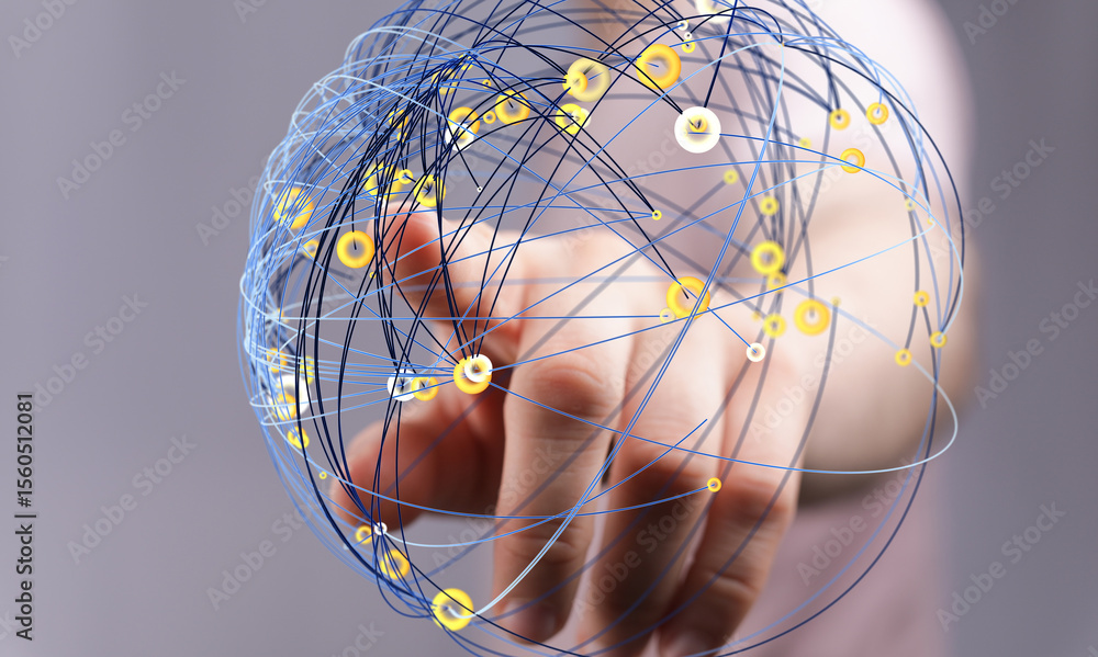 Poster Abstract image of a hand interacting with a digital network sphere, representing global connectivity and data visualization.